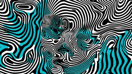 Stylized, abstract representation of a face, created using a black, white, and turquoise color scheme