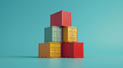 Stacked shipping containers in vibrant colors on a plain background, ideal for logistics, transportation, and industrial themes.