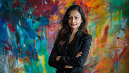 Fototapeta premium Indian business woman in her late thirties, with long dark hair and fair skin tone wearing a black suit young woman stands confidently with her arms crossed and a beaming smile on her face.