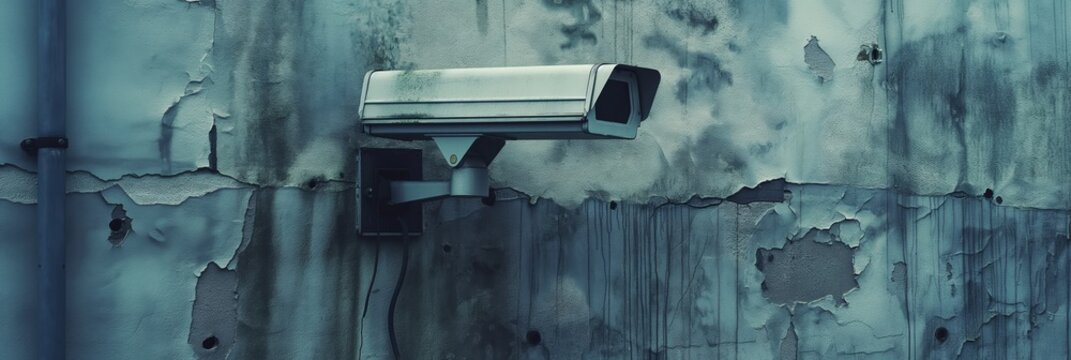 Aged surveillance camera mounted on a derelict wall with peeling paint, suggesting concepts of security and decay