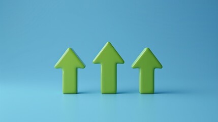 Three green arrows pointing upwards on a blue background representing growth, progress, and direction in minimalistic design.