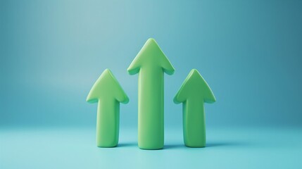 Three green arrows pointing upwards on a blue background representing growth, progress, and success in business or personal development.