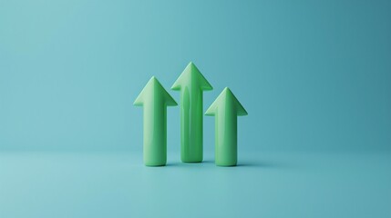 Three green upward arrows on a blue background symbolizing growth, success, and positive trends.