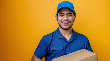 Delivery Man in Blue Uniform Holding a Package, yellow background