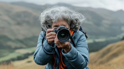 A focused woman with curly gray hair takes photographs in an outdoor setting, showcasing her dedication to capturing the beauty of the landscape
