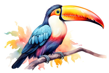 Fototapeta premium Colorful toucan watercolor illustration with splashes on white background. Tropical bird art.