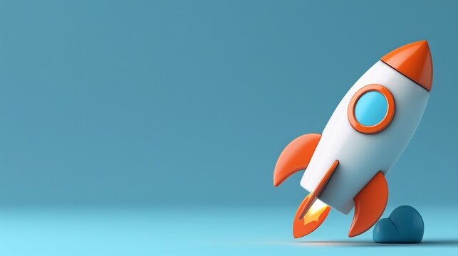 Toy rocket ship taking off against blue background, symbolizing adventure, innovation, and the concept of a startup launch.