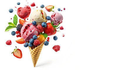 Ice cream in a waffle cone with berries and fruits flying in different directions. Dessert on white background with copy space,