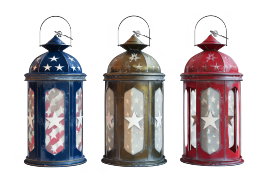 Patriotic lanterns, isolated on solid white background, PNG di-cut style, realistic photo style, object as model