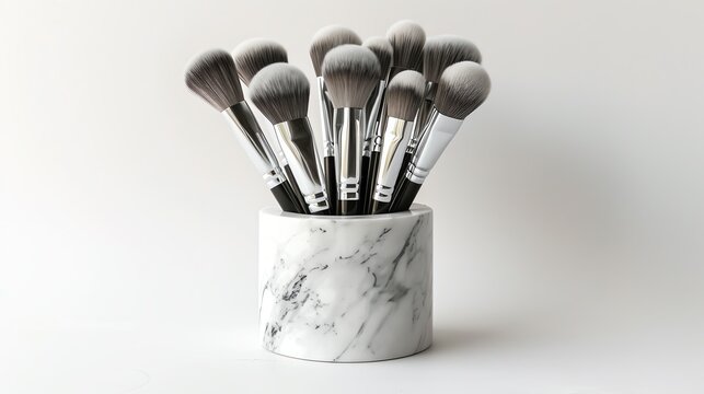 A set of makeup brushes in various sizes, arranged in a stylish holder