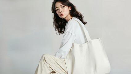 Asian Woman Posing with Tote Bag Against White Background