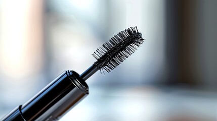 A tube of mascara with the wand resting on the tube, displaying the bristles
