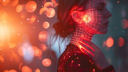 Woman holding her neck in pain, with a double exposure of a red hologram outline and pain chart
