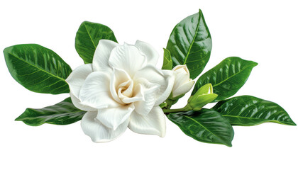 Close-up of a beautiful white gardenia flower with lush green leaves, perfect for floral designs, botanical illustrations, and nature themes.