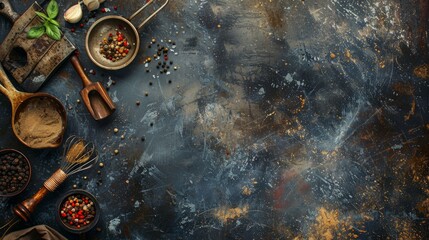 Rustic cooking background: vintage kitchen setting with ample space for text - culinary inspiration on aged backdrop