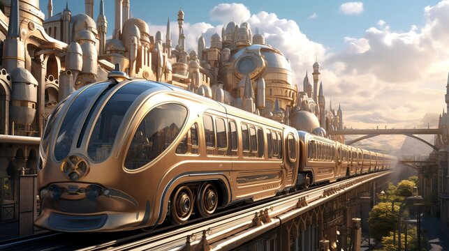 A steampunk train traveling through a futuristic city, hybrid style, muted colors, 3D render, detailed environment