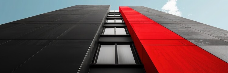 Photo of a black and red building towering skyward