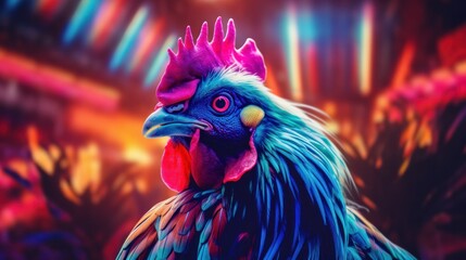 Fototapeta premium Rooster with colorful neon retrowave background.