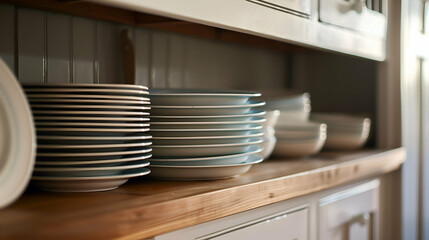 Neatly stacked plates on a wooden kitchen shelf, showcasing an organized and tidy kitchen space. The scene highlights simple and practical kitchen organization in a cozy home