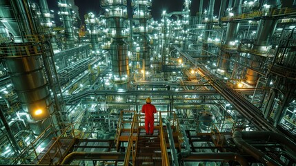 Fototapeta premium Industrial symphony. engineer working amongst refinery pipes, machinery, and equipment