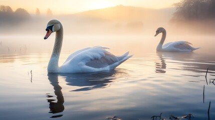Fototapeta premium Elegant swans swimming in a serene lake at dawn, misty morning light, peaceful and graceful, isolated on a natural background, plenty of copy space for text or logo placement