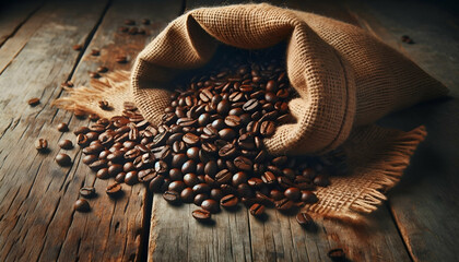 A burlap sack of rich, roasted coffee beans spilling onto a rustic wooden table. The warm tones and textures create a cozy, inviting atmosphere, perfect for coffee enthusiasts