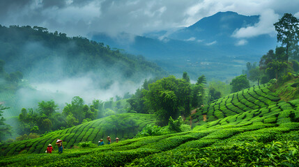 Fototapeta premium Many workers pick tea leaves in the tea plantation. Morning atmosphere,