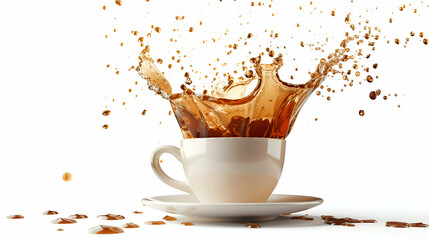 Coffee splashing out of a white cup on a saucer, captured mid-action. The dynamic image highlights the motion and energy of the spilling liquid
