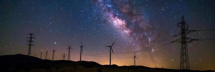  Wind turbines silhouetted against a starry sky, electricity flowing through the power lines as glowing particles.
