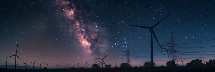  Wind turbines silhouetted against a starry sky, electricity flowing through the power lines as glowing particles.