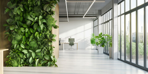 Obraz premium This open office features a vertical plant wall and modern furniture, with large windows letting in plenty of natural light, creating a fresh and bright atmosphere.