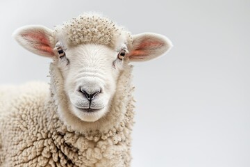 Fototapeta premium close up of a cute sheep smiling on white background 