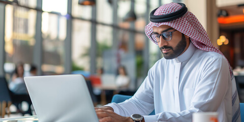 Individual dressed in traditional attire works on a laptop indoors, blending cultural and modern elements, indicative of remote work or studying in a contemporary setting.