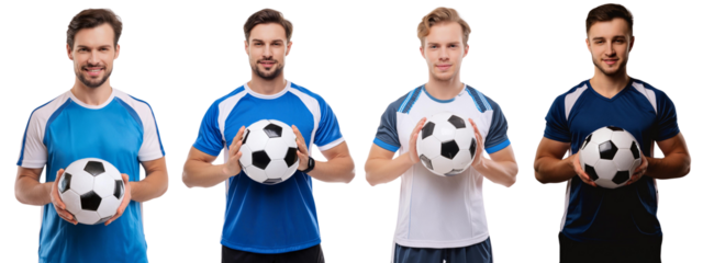 soccer players hold a ball in their hands with blue and white colors on t-shirt