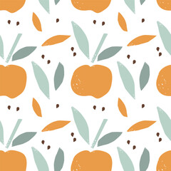 Seamless Apple pattern. Abstract repeating background in Printmaking style. Natural background in pastel color with raster texture effect. Hand-drawn print for wallpaper, textile, wrapping, packaging.