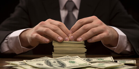 A businessman in a suit organizes stacks of cash on an office desk, reflecting financial success and meticulous handling of currency in a professional setting.