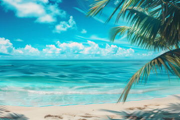 Obraz premium Vibrant photo of a beach, turquose ocean, sky and palm, summer tropical vibe