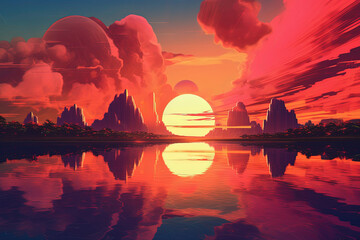 Vibrant sci-fi landscape with a spectacular sunset and reflections