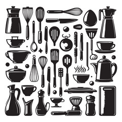 Silhouette set of kitchen tools. Vector isolated illustration