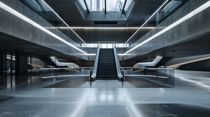 Minimalist Photo of AI in Architecture, in a Modern Building, with Minimalist Lighting, from a Symmetrical Angle, Showcasing the Integration of Technology in Design