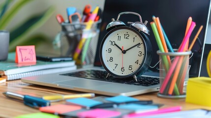 An alarm clock showing 8:00 AM on a desk cluttered with work-related items like a laptop, pens, and sticky notes, highlighting the rush to start the workday 