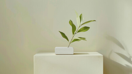 A white vase with a leaf in it sits on a white pedestal