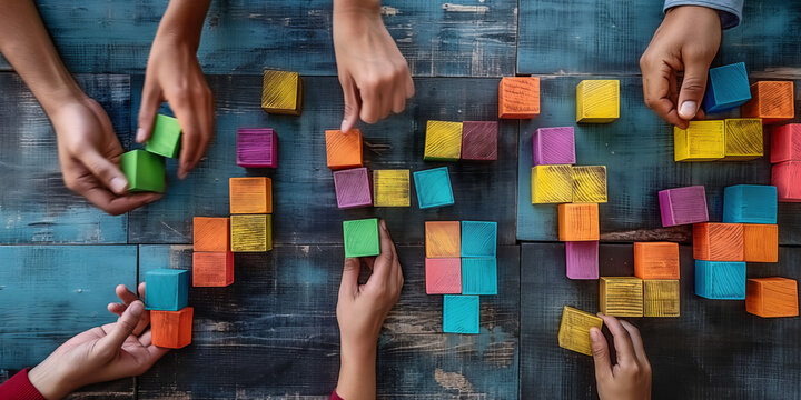 Multiple people cooperatively arrange vibrant wooden blocks on a rustic table, creating patterns and structures, symbolizing teamwork and creativity in a shared activity.
