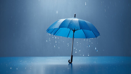A blue umbrella against a blue background with rain falling.

