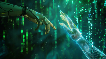 Realistic scene of a human hand and a robot hand reaching out, set against a background of intricate data networks and floating numerical data