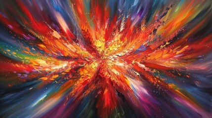 Abstract painting of a colorful explosion with red, orange, yellow and purple hues. The canvas is filled with vibrant strokes of paint, creating a sense of movement and energy.