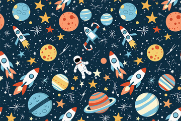 rockets planet stars astronaut seamless pattern kids party textile wallpaper illustration
