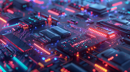 Fototapeta premium Sleek and futuristic depiction of technology and engineering showcasing minimalist design with intricate details against a background of glowing neon lights and digital displays