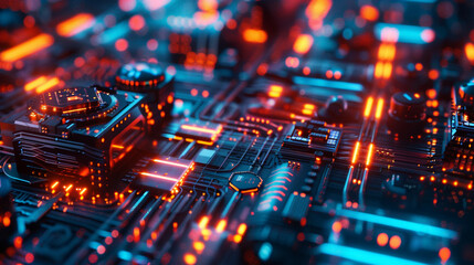 Sleek and futuristic depiction of technology and engineering featuring minimalist design with intricate details against a background of glowing neon lights and digital displays