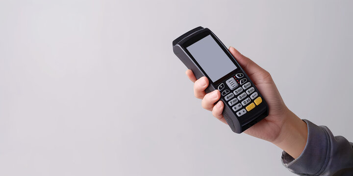 A closeup photo of a hand holding a credit card reader against a plain background, illustrating modern financial transaction tools and mobile payment technology.